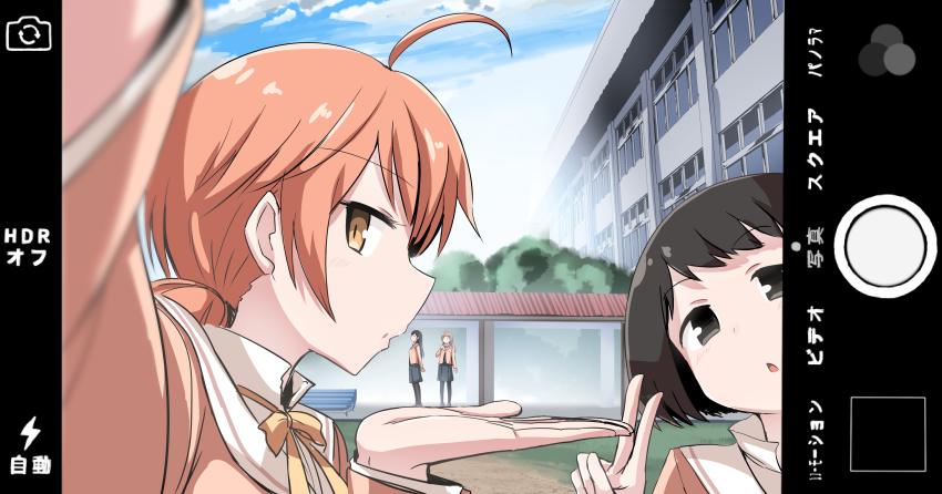 10s, 4girls, absurdres, ahoge, black_hair, black_legwear, brown_eyes, cup, closed_eyes, highres, holding, holding_cup, kanou_koyomi, koito_yuu, long_hair, long_sleeves, looking_at_viewer, multiple_girls, nanami_touko, orange_hair, perspective, saeki_sayaka, sailor_collar, school_uniform, selfie, short_hair, skirt, terada_ochiko, thighhighs, twintails, v, viewfinder, yagate_kimi_ni_naru