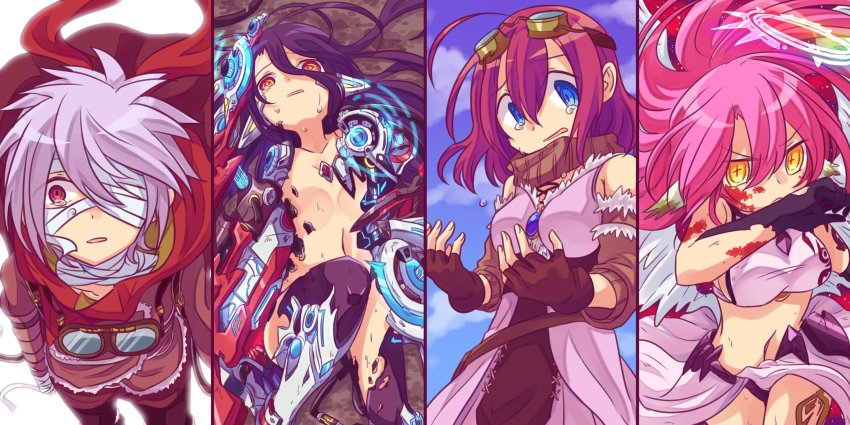 1boy, 3girls, ahoge, android, angel_wings, blood, blood_on_face, blue_eyes, breasts, couronne_(no_game_no_life), crop_top, cross, crying, feathered_wings, fingerless_gloves, gloves, goggles, goggles_on_head, hair_between_eyes, halo, highres, injury, jibril_(no_game_no_life), large_breasts, long_hair, low_wings, magic_circle, mechabare, midriff, multiple_girls, navel, no_game_no_life, open_mouth, pink_hair, purple_hair, red_eyes, red_hair, riku_(no_game_no_life), scarf, short_hair, schwi_(no_game_no_life), sideboob, silver_hair, spiked_halo, symbol-shaped_pupils, tattoo, very_long_hair, white_wings, wing_ears, wings, yellow_eyes, yuiti_hinata