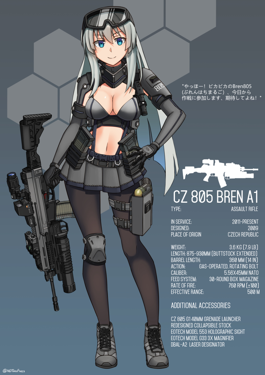 1girl, 40mm_grenade, ammunition, ammunition_pouch, black-framed_eyewear, blue_background, blue_eyes, boots