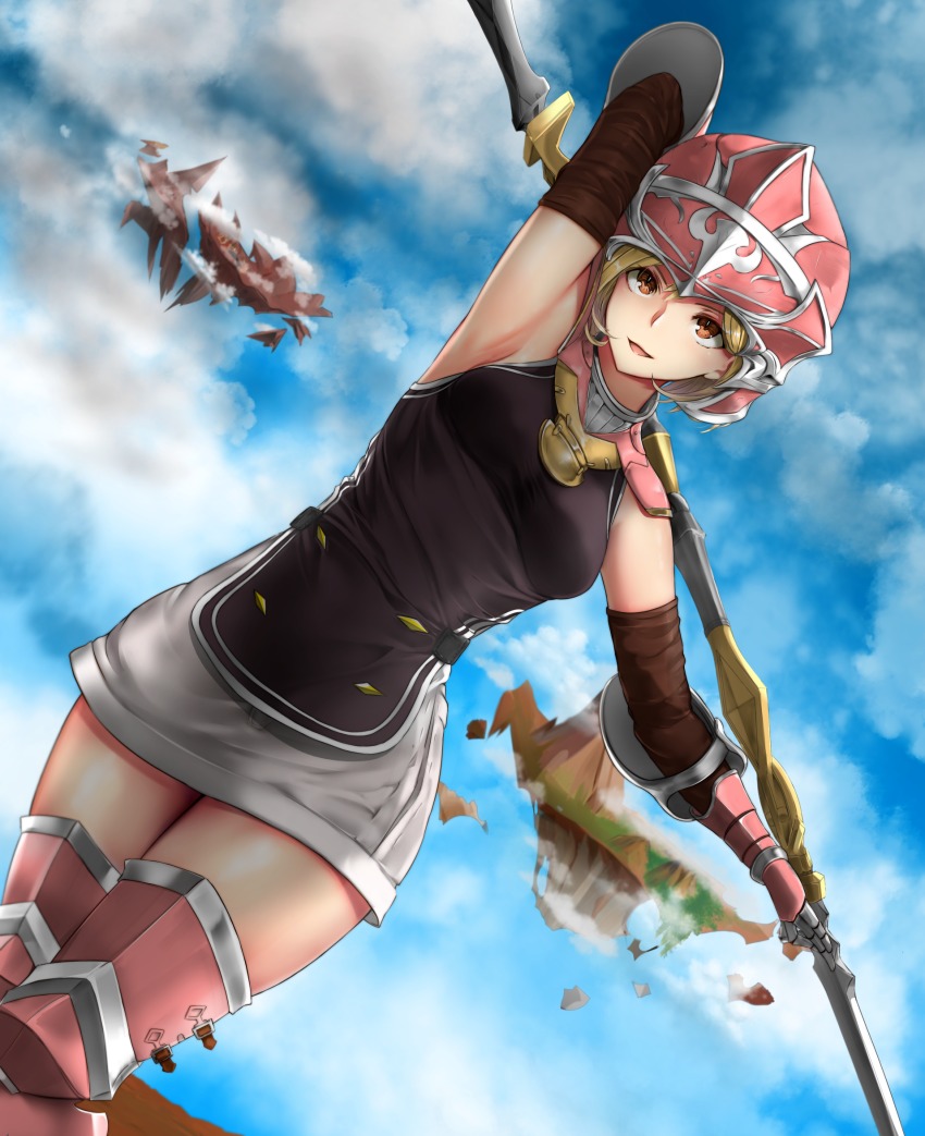 1girl, arm_behind_head, arm_up, armored_boots, armpits, blonde_hair, blue_sky, boots
