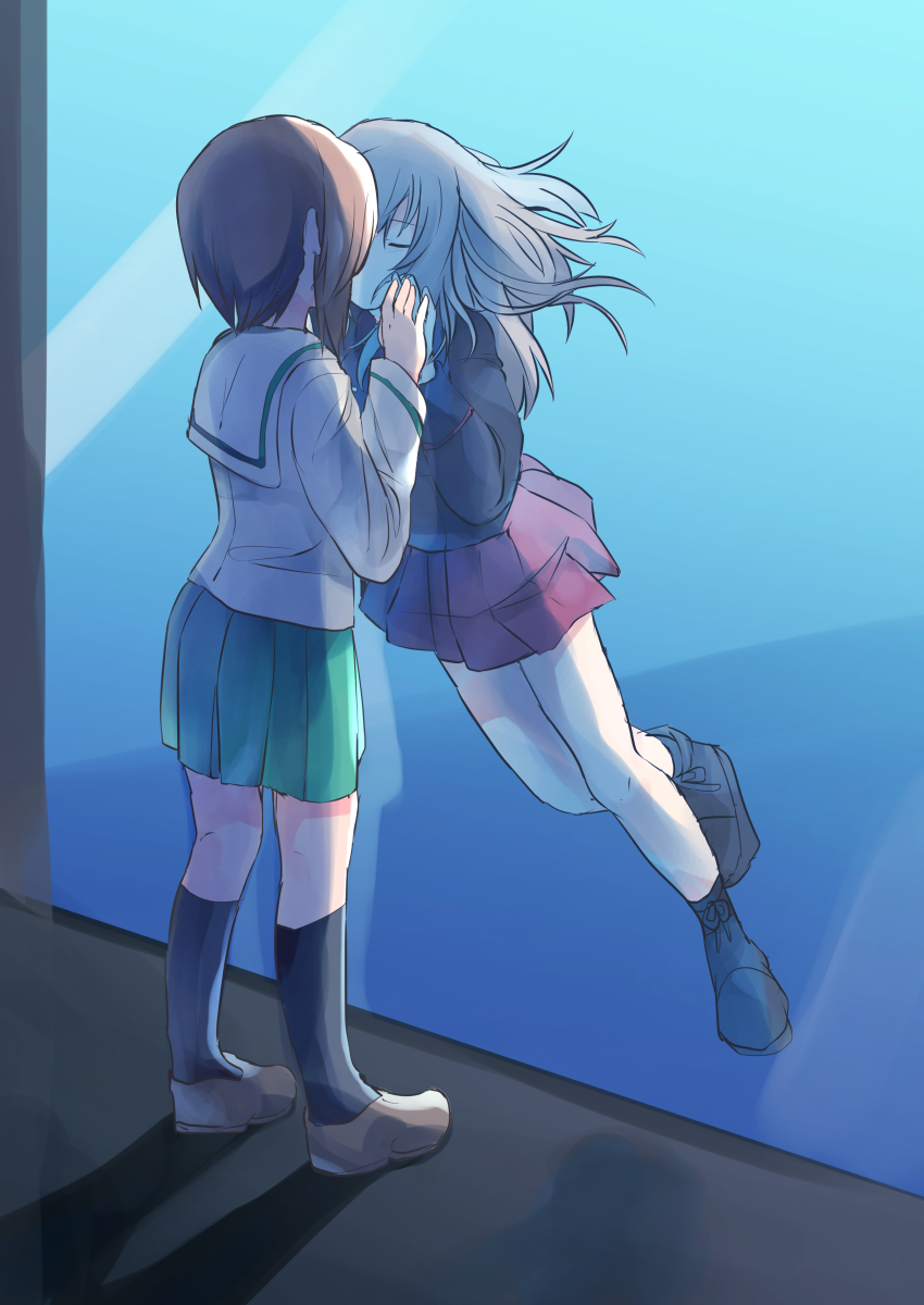 10s, 2girls, absurdres, against_glass, ankle_boots, aquarium, black_footwear, black_jacket, black_legwear, blouse, boots, brown_footwear, brown_hair, closed_eyes, commentary, couple, female_focus, floating_hair, full_body, girls_und_panzer, green_skirt, hand_up, highres, holding_hands, itsumi_erika, jacket, kiss, kuromorimine_military_uniform, loafers, long_hair, long_sleeves, military, military_uniform, miluke, miniskirt, multiple_girls, nishizumi_miho, ooarai_school_uniform, pleated_skirt, red_skirt, school_uniform, serafuku, shirt, shoes, short_hair, silver_hair, skirt, socks, standing, underwater, white_shirt, yuri