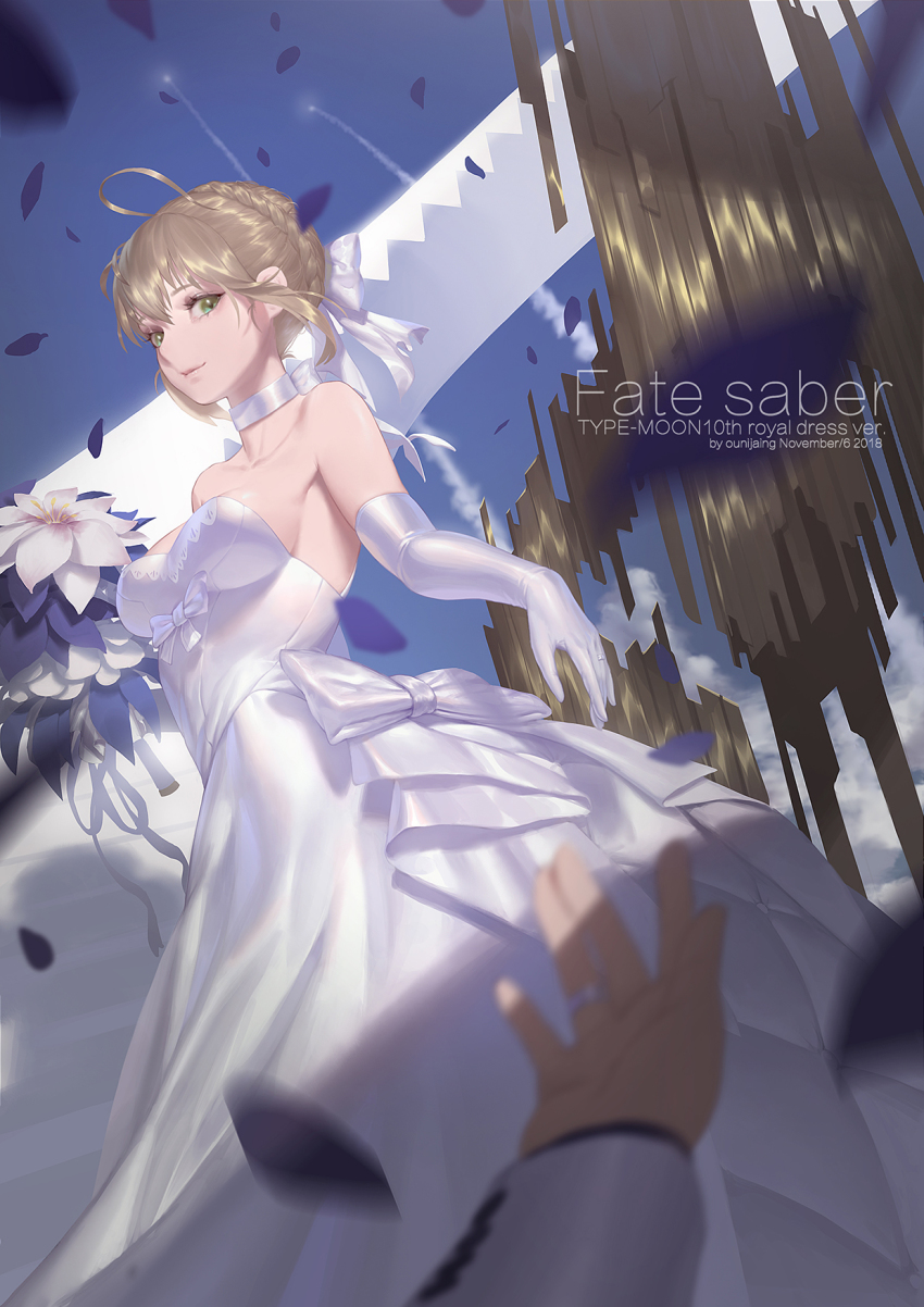 1girl, ahoge, alternate_costume, artoria_pendragon_(fate), blonde_hair, bouquet, breasts, bride