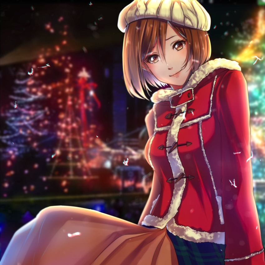 1girl, blurry, blurry_background, brown_eyes, brown_hair, christmas_tree, coat, female_focus, fur-trimmed_coat, fur_trim, hair_between_eyes, highres, looking_at_viewer, meiko_(noel_rouge)_(vocaloid), meiko_(vocaloid), red_coat, short_hair, sitting, smile, solo, vocaloid, white_hair, winter, yen-mi