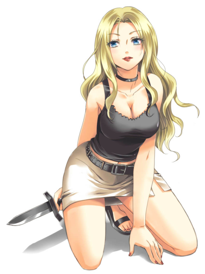 1girl, ansatsu_kyoushitsu, black_shirt, blonde_hair, blue_eyes, breasts, choker, cleavage, collarbone, curly_hair, female_focus, full_body, highres, holding, holding_knife, irina_jelavic, iwao, kneeling, knife, large_breasts, long_hair, looking_at_viewer, midriff, miniskirt, nail_polish, navel, parted_lips, pleated_skirt, red_lips, red_nails, shirt, side_slit, simple_background, skirt, sleeveless, sleeveless_shirt, solo, stomach, toenail_polish, toenails, very_long_hair, white_background, white_skirt
