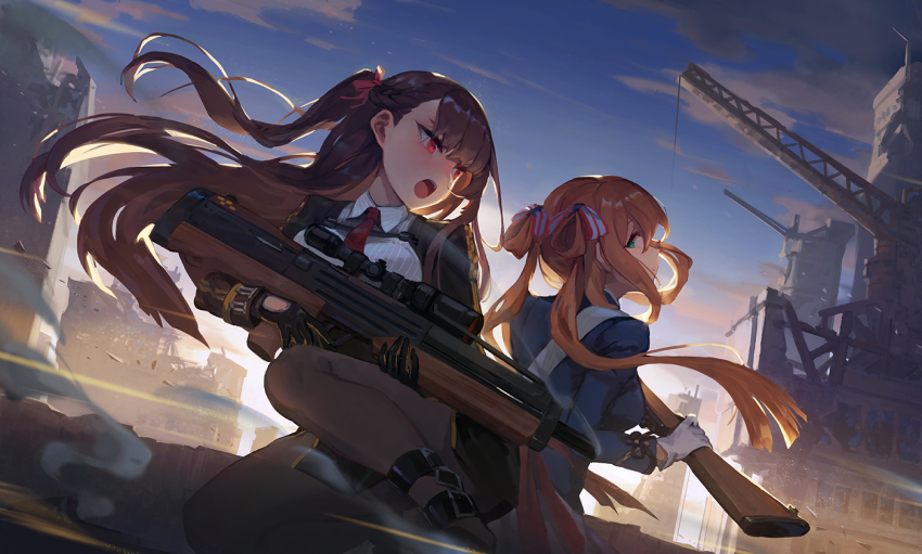 2girls, american_flag, bipod, black_legwear, blazer, blush, bolt_action, breasts