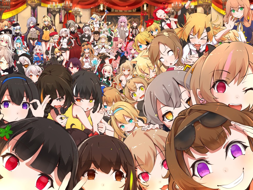 >_<, 1boy, 404_(girls'_frontline), 6+girls, :d, :o, :q, ;d, absurdres, ahoge, ak-47_(girls'_frontline), animal_ear_fluff, animal_ears, anti-rain_(girls'_frontline), aqua_eyes, arm_up, arms_up, art556_(girls'_frontline), asymmetrical_clothes, bad_id, bad_pixiv_id, bag, ballista_(girls'_frontline), bare_shoulders, bell, belt, beret, bike_shorts, bikini, bikini_top_only, black_gloves, black_hair, black_jacket, black_ribbon, blonde_hair, blouse, blue_eyes, blue_hair, blue_neckwear, blunt_bangs, blush, bow, braid, breasts, brown_eyes, brown_hair, can, candlestand, capelet, cat_ears, chaps, choker, cleavage, closed_eyes, closed_mouth, coat, collarbone, colt_revolver_(girls'_frontline), covered_mouth, cowboy_hat, cross, cross_necklace, crossed_bangs, cz75_(girls'_frontline), dinergate_(girls'_frontline), double_bun, double_v, dress, drinking, dsr-50_(girls'_frontline), earrings, everyone, expressionless, eyepatch, eyewear_on_head, facial_mark, facing_viewer, fal_(girls'_frontline), ferret, fingerless_gloves, five-seven_(girls'_frontline), flag_print, floating_hair, flustered, fnc_(girls'_frontline), fur_hat, fur_trim, g11_(girls'_frontline), g41_(girls'_frontline), gem, girls'_frontline, glasses, gloves, green_bow, green_eyes, green_hair, grey_eyes, grey_hair, griffin_&amp;_kryuger_military_uniform, grin, grizzly_mkv_(girls'_frontline), habit, hair_between_eyes, hair_bow, hair_bun, hair_ornament, hair_over_one_eye, hair_ribbon, hair_rings, hairband, hairclip, hands_on_own_hips, hands_up, hat, headgear, heart, heart_earrings, helianthus_(girls'_frontline), heterochromia, highres, hk23_(girls'_frontline), hk416_(girls'_frontline), holding, holding_bag, holding_can, hood, hoodie, idw_(girls'_frontline), indoors, italian_flag, italian_flag_neckwear, italian_flag_print, jacket, jacket_on_shoulders, jewelry, k2_(girls'_frontline), kalina_(girls'_frontline), kar98k_(girls'_frontline), ksg_(girls'_frontline), large_breasts, leaning_forward, lee-enfield_(girls'_frontline), leg_up, leotard, light_brown_hair, long_hair, long_sleeves, looking_at_viewer, looking_away, low-tied_long_hair, m16a1_(girls'_frontline), m249_saw_(girls'_frontline), m37_(girls'_frontline), m4_sopmod_ii_(girls'_frontline), m4a1_(girls'_frontline), m950a_(girls'_frontline), m99_(girls'_frontline), makarov_(girls'_frontline), medium_breasts, messy_hair, mg4_(girls'_frontline), mg5_(girls'_frontline), military, military_uniform, mk23_(girls'_frontline), mole, mole_under_eye, mp5_(girls'_frontline), multicolored_hair, multiple_girls, nagant_revolver_(girls'_frontline), navel, neck_ribbon, neckerchief, necklace, necktie, negev_(girls'_frontline), ntw-20_(girls'_frontline), nun, nun_headdress, off_shoulder, ok_sign, one_eye_closed, one_side_up, open_clothes, open_jacket, open_mouth, orange_eyes, orange_hairband, p7_(girls'_frontline), pants, parted_lips, peaked_cap, pepsi, persica_(girls'_frontline), pink_eyes, pink_hair, poking, poking_another's_breast, ponytail, product_placement, purple_eyes, purple_hair, rabbit, red_bow, red_coat, red_dress, red_eyes, red_hair, red_ribbon, red_scarf, rfb_(girls'_frontline), ribbon, ro635_(girls'_frontline), s.a.t.8_(girls'_frontline), sack, sailor_collar, salute, scar, scar_across_eye, scar_on_face, scarf, sheriff_badge, shirt, short_hair, side_braid, side_ponytail, sidelocks, single_pantsleg, skirt, skull_print, sleeveless, sleeveless_dress, small_breasts, smile, smug, springfield_(girls'_frontline), st_ar-15_(girls'_frontline), standing, star_(symbol), streaked_hair, sunglasses, suomi_(girls'_frontline), super_sass_(girls'_frontline), swept_bangs, swimsuit, takashia, teardrop, thigh_strap, thighhighs, tongue, tongue_out, triangle_mouth, twintails, two_side_up, type_100_(girls'_frontline), type_95_(girls'_frontline), type_97_(girls'_frontline), ump45_(girls'_frontline), ump9_(girls'_frontline), ushanka, v, very_long_hair, w, wa2000_(girls'_frontline), welrod_mkii_(girls'_frontline), white_hair, white_shirt, winter_clothes, xd, yellow_eyes