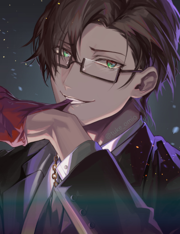 1boy, biting, brown_hair, formal_clothes, glasses, gloves, green_eyes, hypnosis_mic