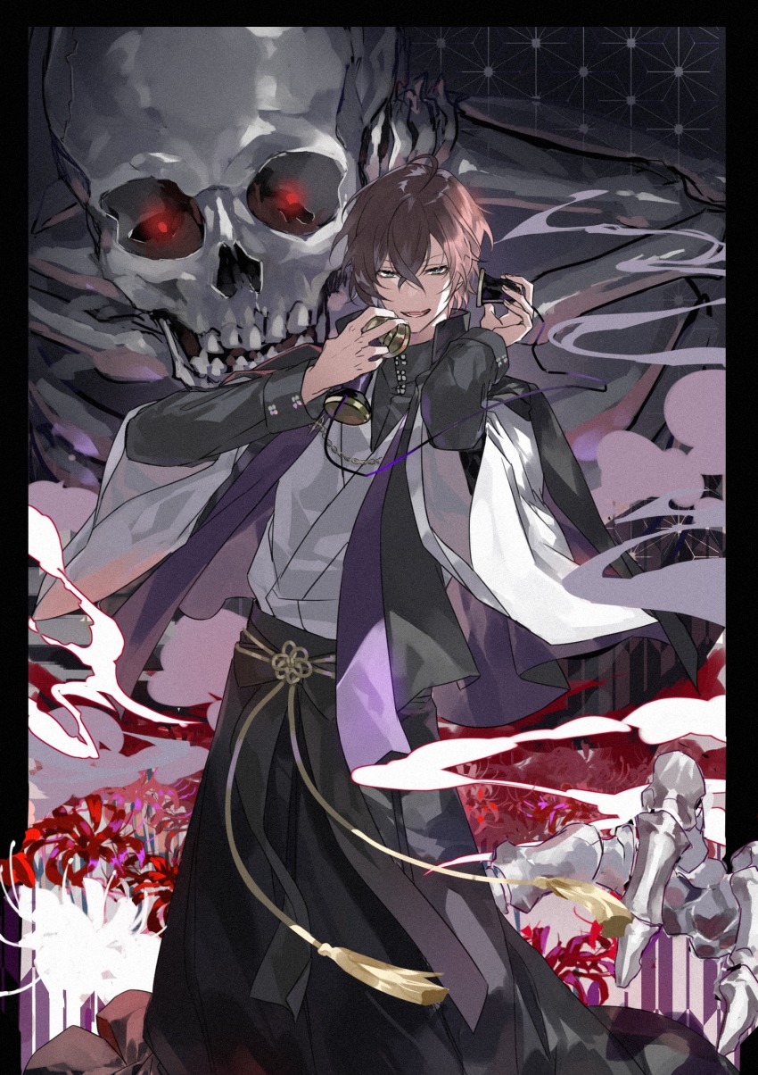 1boy, antique_phone, brown_hair, candlestick_phone, flower, green_eyes, hakama, hakama_skirt