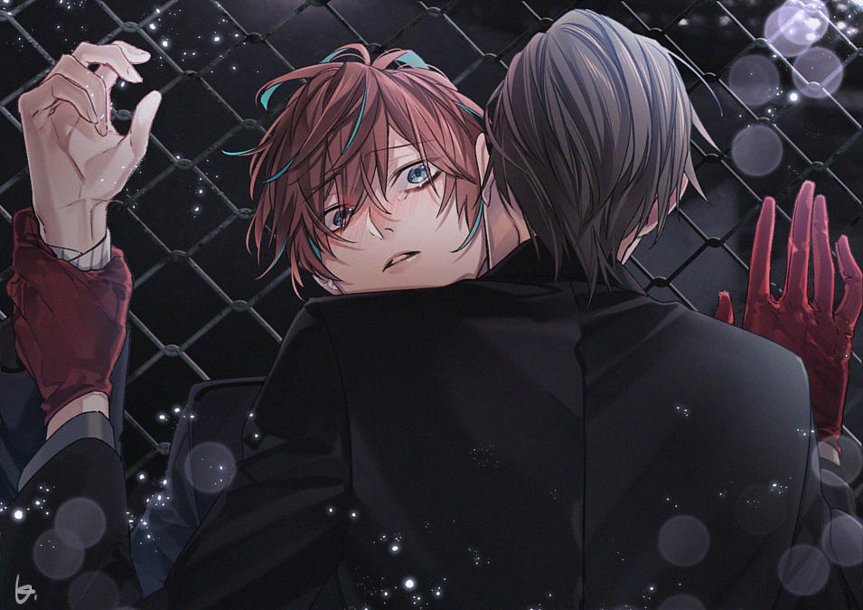 2boys, blush, brown_hair, chain-link_fence, crying, fence, formal_clothes, gloves, green_eyes, hypnosis_mic, iruma_jyuto, kannonzaka_doppo, multiple_boys, night, pinned_down, red_hair, restrained, scared, suit, tears, yaoi