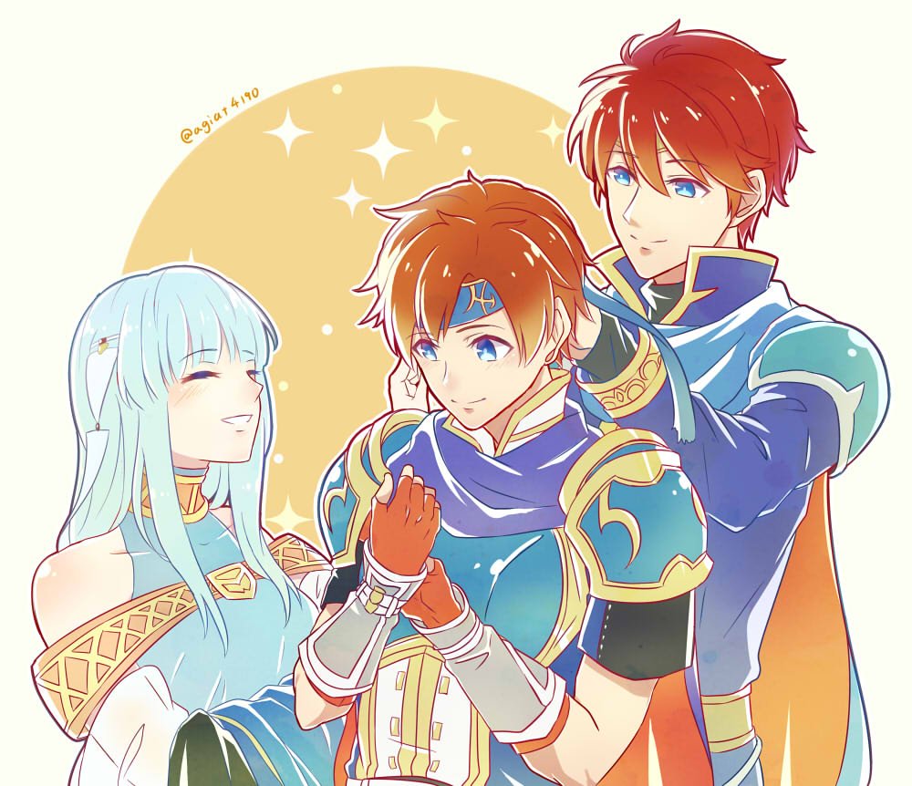 1girl, 2boys, ^_^, aqua_dress, armor, bare_shoulders, blue_armor, blue_cape