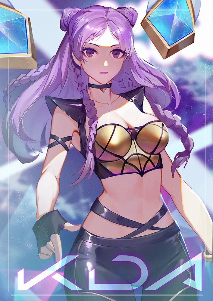 1girl, black_pants, braid, breasts, choker, cleavage, double_bun, female_focus