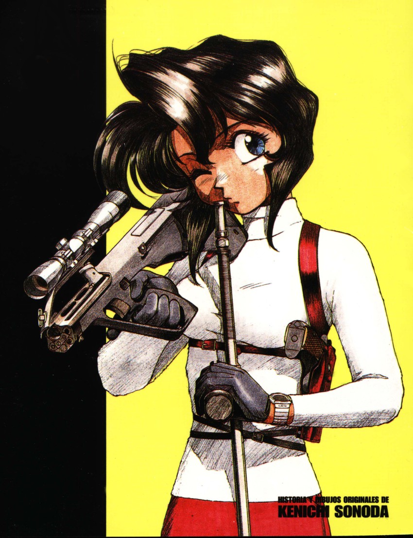 1990s_(style), 1girl, absurdres, assault_rifle, black_hair, blue_eyes, bob_cut, bullpup