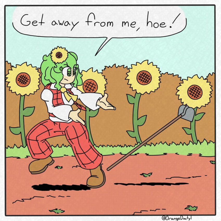 1girl, 1koma, ascot, brown_shoes, collared_shirt, comic, commentary, dirt_road, english_commentary, english_text, female_focus, floating_clothes, flower, frown, garden_of_the_sun, grass, green_eyes, green_hair, hair_flower, hair_ornament, highres, hoe, kazami_yuuka, mickey_mouse_&amp;_friends, pants, parody, plaid_clothes, plaid_pants, plaid_vest, red_pants, red_vest, road, shirt, shoes, short_hair, sirhoopsalot, solo, speech_bubble, style_parody, sunflower, sunflower_hair_ornament, talking, touhou, twitter_username, vest, walking_away, white_shirt, yellow_ascot