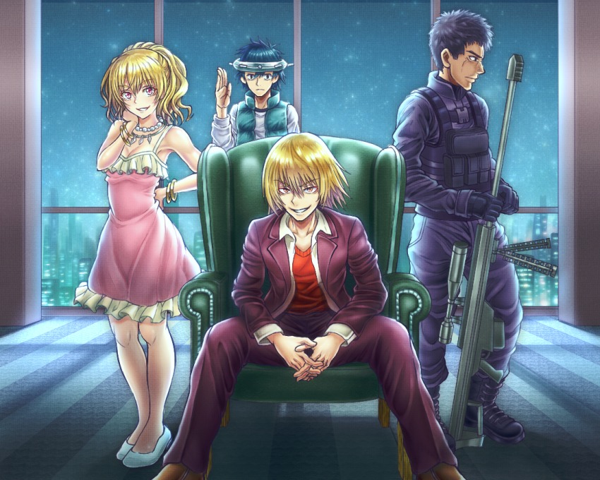 1girl, 3boys, artist_request, big_gun, black_eyes, black_hair, blonde_hair, bracelet