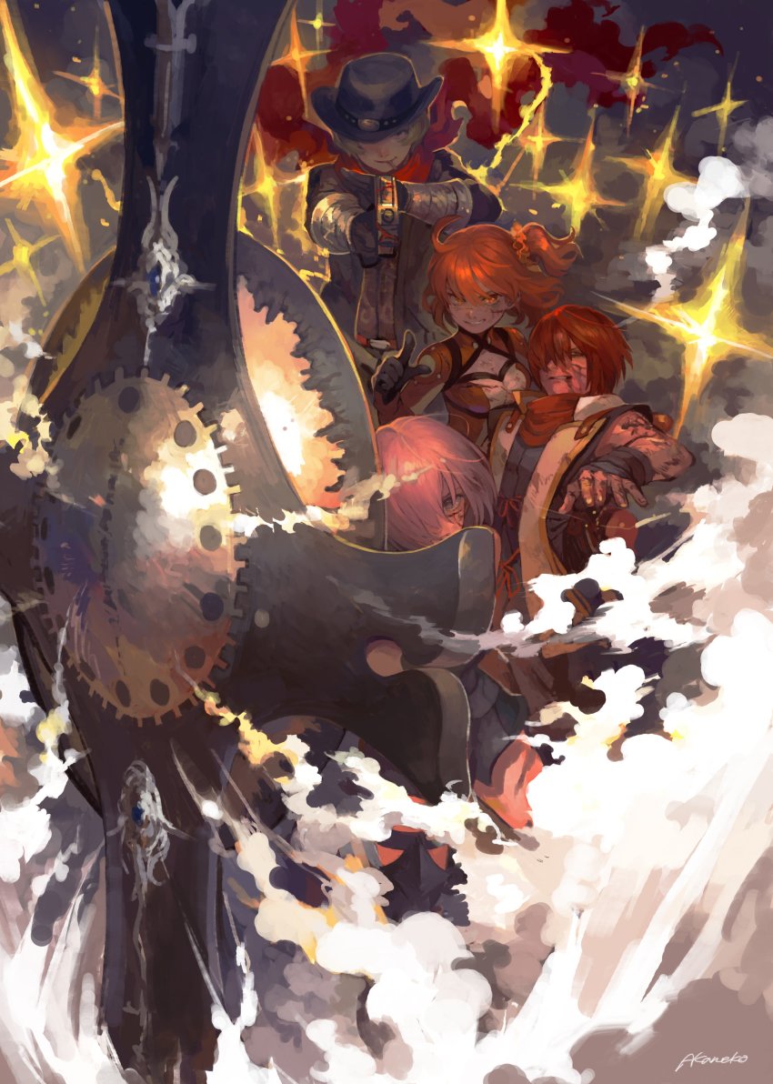 2boys, 2girls, absurdres, ahoge, akaneko_(redakanekocat), billy_the_kid_(fate), billy_the_kid_(third_ascension)_(fate), blonde_hair