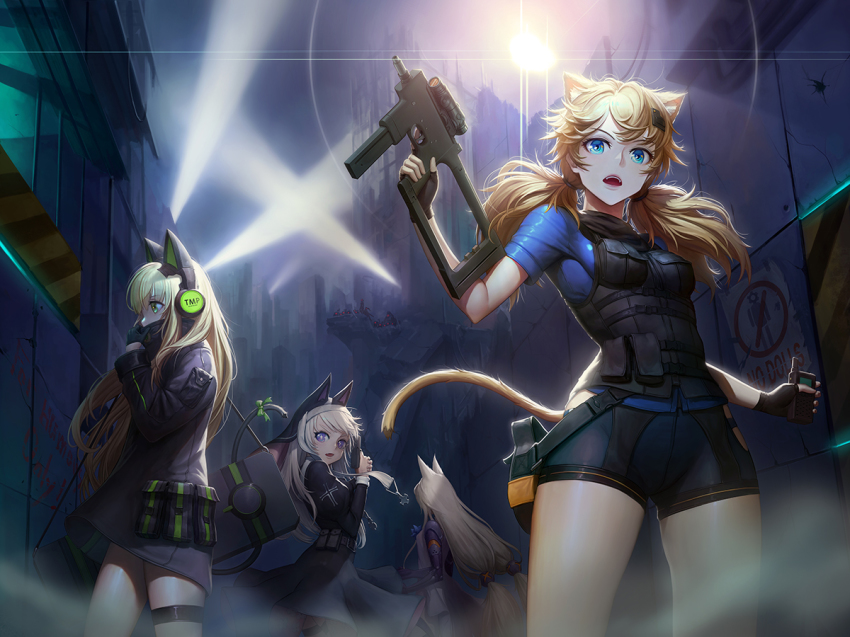 4girls, adjusting_clothes, animal_ear_headphones, animal_ears, assault_rifle, b&amp;t_mp9, banajune, black_coat