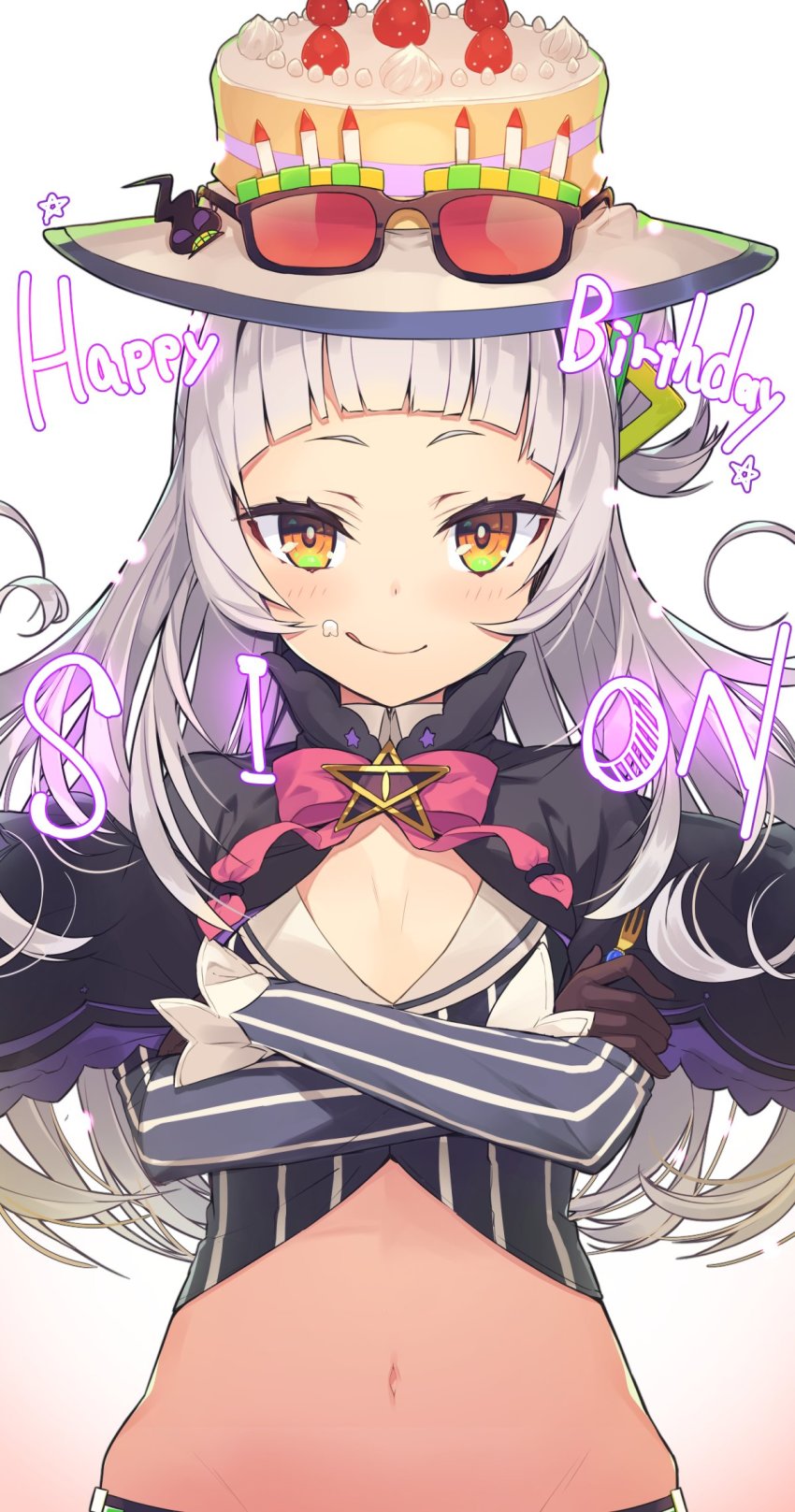 1girl, black_capelet, black_gloves, blunt_bangs, blush, breasts, brooch, cake