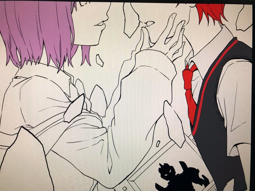 10s, 1boy, 1girl, bow, bowtie, collared_shirt, commentary_request, couple