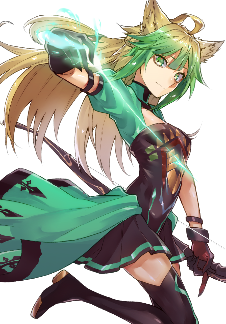 1girl, animal_ears, arrow_(projectile), atalanta_(fate), black_gloves, black_thighhighs, blonde_hair, bow_(weapon)