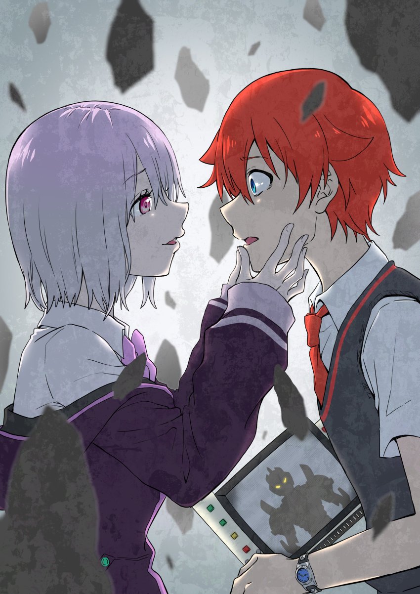 10s, 1boy, 1girl, absurdres, blue_eyes, bow, bowtie, collared_shirt