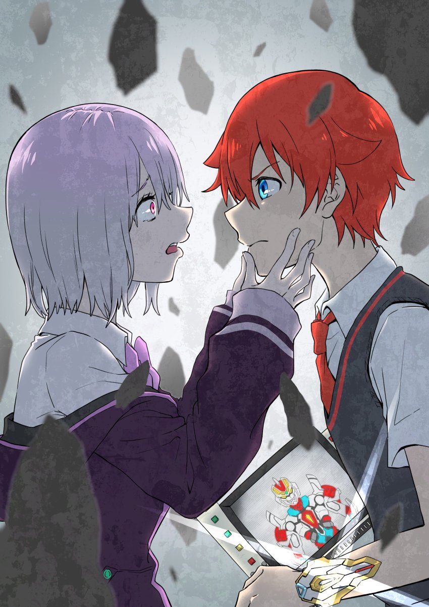 10s, 1boy, 1girl, absurdres, blue_eyes, bow, bowtie, collared_shirt, commentary_request, couple, facing_another, gridman_(character), gridman_(ssss), gridman_universe, hands_on_another's_face, haruomrst, hetero, hibiki_yuuta, highres, hood, hooded_jacket, jacket, jacket_tug, long_sleeves, looking_at_another, necktie, pink_bow, pink_hair, pink_neckwear, purple_jacket, red_eyes, red_hair, red_neckwear, school_uniform, shinjou_akane, shirt, short_hair, short_sleeves, ssss.gridman, vest, waistcoat, white_shirt, wing_collar