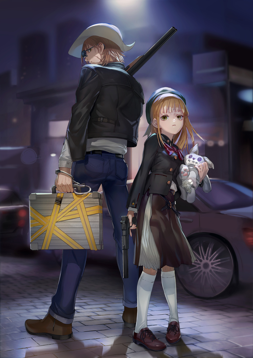 1boy, 1girl, black_jacket, bow, briefcase, brown_eyes, brown_footwear, brown_hair