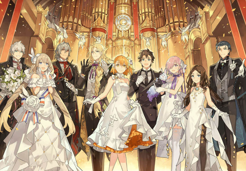 antonio_salieri_(fate), antonio_salieri_(fgo_orchestra)_(fate), antonio_salieri_(second_ascension)_(fate), blonde_hair, blue_eyes, charles-henri_sanson_(fate), charles-henri_sanson_(fgo_orchestra)_(fate), dress, fate/grand_order, fate_(series), fou_(fate), fujimaru_ritsuka_(female), fujimaru_ritsuka_(female)_(fgo_orchestra), fujimaru_ritsuka_(male), fujimaru_ritsuka_(male)_(fgo_orchestra), highres, leonardo_da_vinci_(fate), leonardo_da_vinci_(fate/grand_order), leonardo_da_vinci_(fgo_orchestra)_(fate), leonardo_da_vinci_(rider)_(fate), long_hair, manly, marie_antoinette_(fate), marie_antoinette_(fgo_orchestra)_(fate), mash_kyrielight, mash_kyrielight_(fgo_orchestra), official_alternate_costume, official_art, open_mouth, orange_hair, purple_eyes, purple_hair, sherlock_holmes_(fate), sherlock_holmes_(fgo_orchestra)_(fate), short_hair, smile, starshadowmagician, wolfgang_amadeus_mozart_(fate), wolfgang_amadeus_mozart_(fgo_orchestra)_(fate)