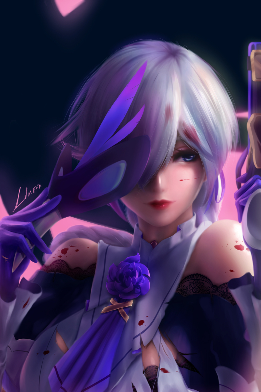 1girl, absurdres, bare_shoulders, blood, blood_in_hair, blood_on_face, blue_eyes, blue_flower