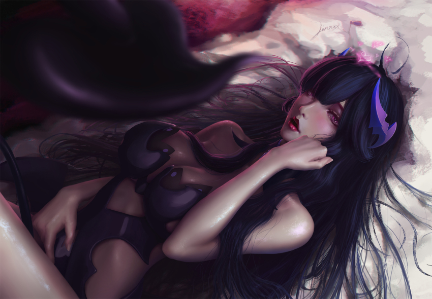 1girl, alternate_costume, armor, armored_dress, bare_shoulders, blurry, blurry_foreground, blush, braid, breasts, cleavage, clenched_hand, clothing_cutout, demon_horns, dress, female_focus, hair_between_eyes, hair_ornament, half-closed_eyes, hand_up, heart, highres, honkai_(series), honkai_impact_3rd, horn_ornament, horns, knees_up, large_breasts, lightning, lightning_empress, linxxx, long_hair, looking_at_viewer, lying, on_back, open_mouth, purple_eyes, purple_hair, raiden_mei, raiden_mei_(eventide_phantom), raiden_mei_(lightning_empress), red_lips, shiny_skin, side_cutout, sidelocks, signature, solo, strapless, strapless_dress, tail, very_long_hair