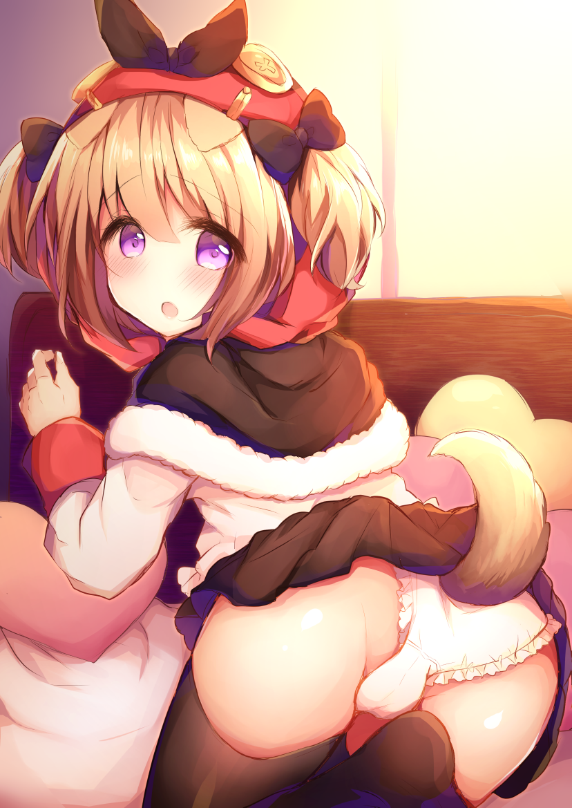 1girl, animal_ears, ass, azur_lane, bad_id, bad_pixiv_id, bed_sheet, black_capelet, black_skirt, blush, bow, brown_bow, brown_thighhighs, capelet, commentary_request, dog_ears, dog_girl, dog_tail, female_focus, fur-trimmed_capelet, fur_trim, hair_between_eyes, hair_bow, haru_ichigo, heart, heart-shaped_pillow, hood, hood_up, light_brown_hair, long_sleeves, looking_at_viewer, looking_back, norfolk_(azur_lane), panties, pillow, pleated_skirt, shirt, skirt, solo, tail, thighhighs, twintails, underwear, white_panties, white_shirt