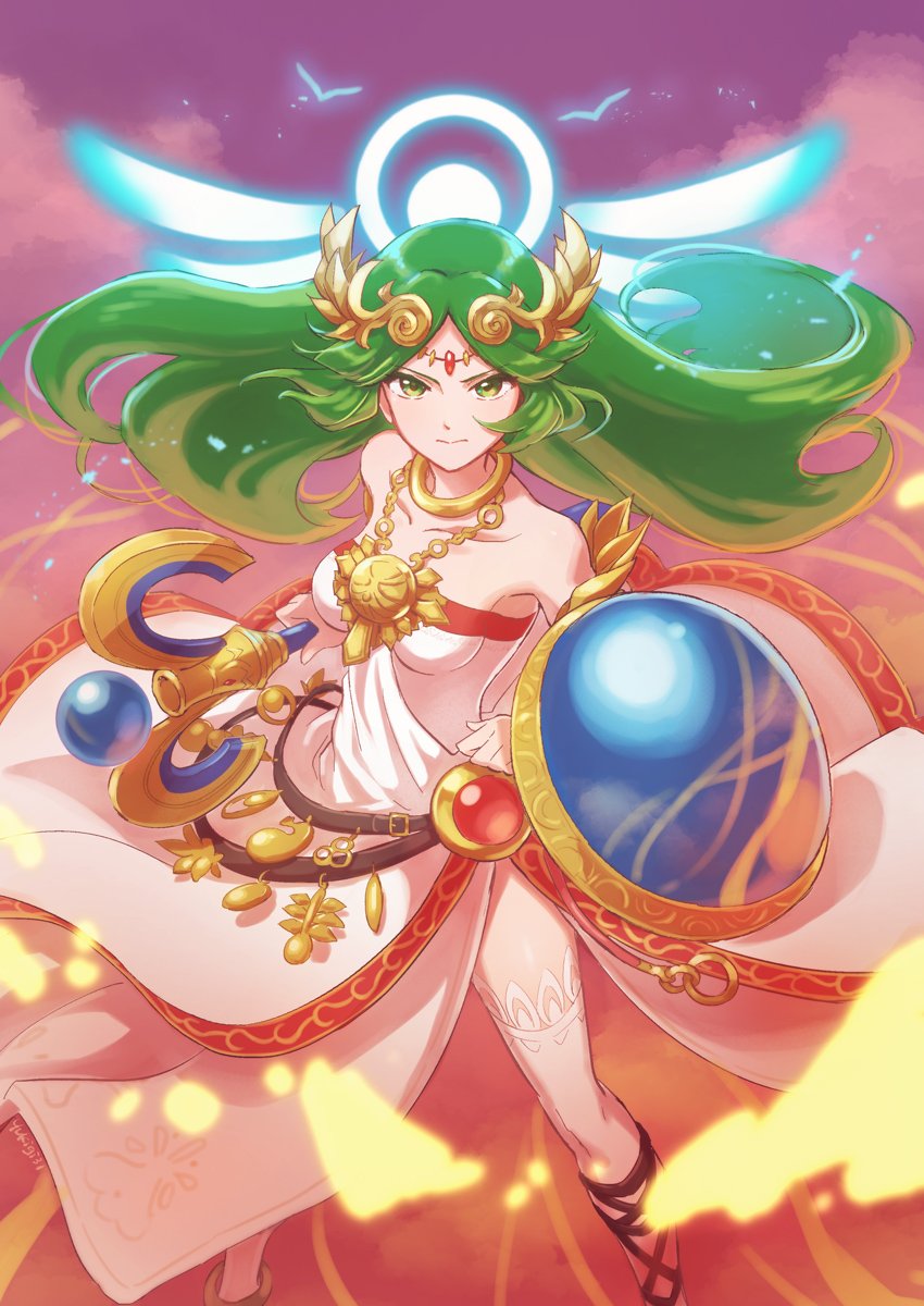 1girl, ancient_greek_clothes, armlet, bare_shoulders, breasts, chiton, dress, female_focus, greco-roman_clothes, green_eyes, green_hair, highres, jewelry, kid_icarus, kid_icarus_uprising, legs, long_hair, looking_at_viewer, medium_breasts, necklace, nintendo, palutena, shield, simple_background, solo, spoilers, standing, super_smash_bros., thighhighs, tiara, very_long_hair, wings, yukigi