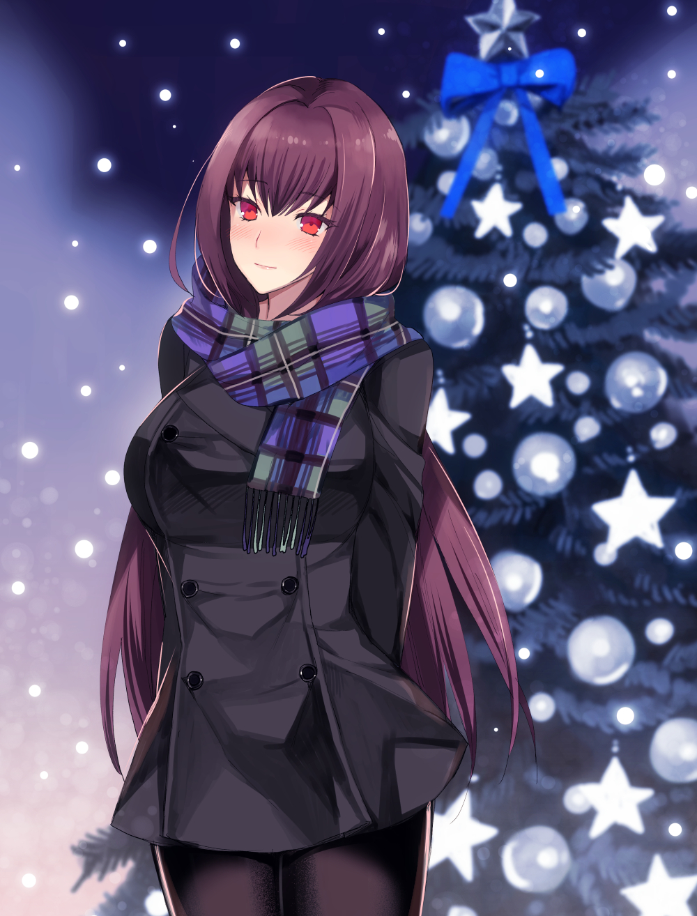 alternate_costume, arms_behind_back, blush, breasts, buttons, christmas, christmas_ornaments, christmas_tree