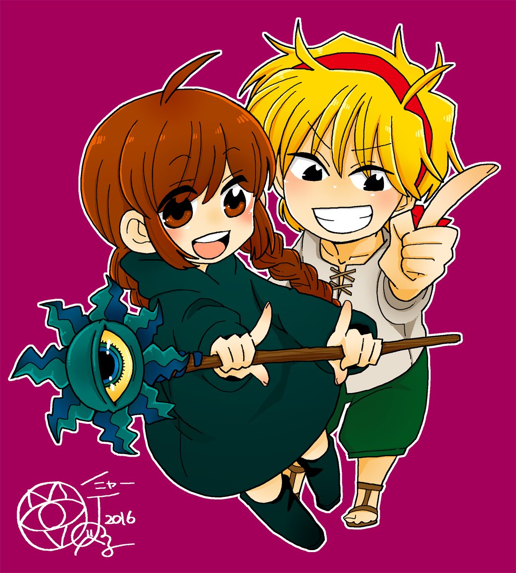 1boy, 1girl, :d, ahoge, blonde_hair, braid, commentary_request, holding