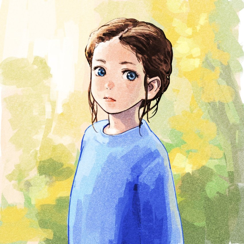 1girl, blue_eyes, blue_shirt, brown_hair, closed_mouth, female_focus, forehead, highres