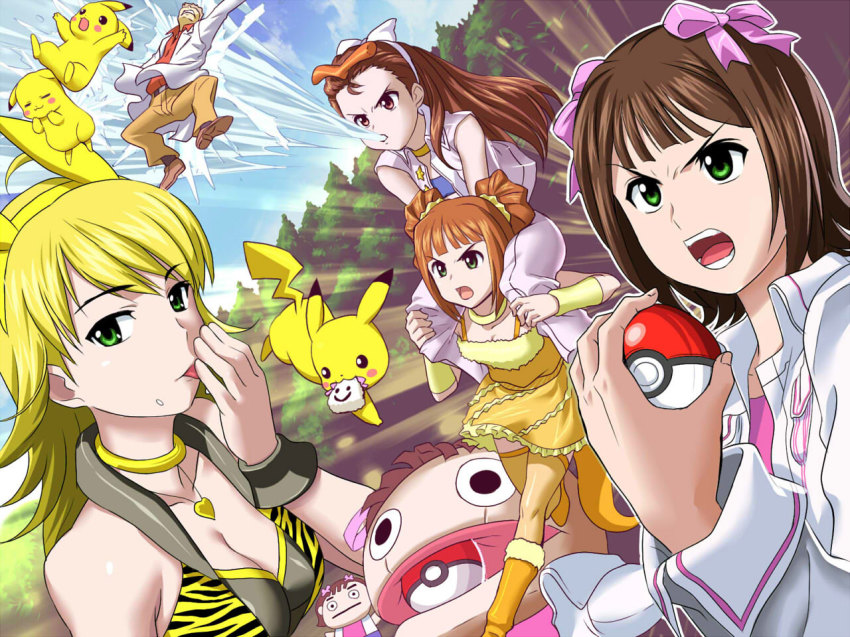 1boy, 4girls, amami_haruka, cool_&amp;_sexy_(idolmaster), crossover, cute_&amp;_girly_(idolmaster), g-tetsu, gen_1_pokemon