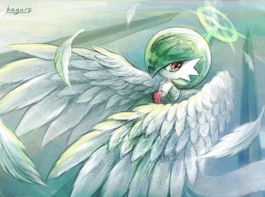 1girl, angel, angel_wings, artist_name, colored_skin, feathered_wings, feathers, female_focus, gardevoir, gen_3_pokemon, green_hair, green_skin, hair_over_one_eye, halo, jpeg_artifacts, kagure_(karaguren), multicolored_skin, nintendo, no_mouth, orange_eyes, pokemon, pokemon_(creature), short_hair, signature, solo, two-tone_skin, white_skin, wings