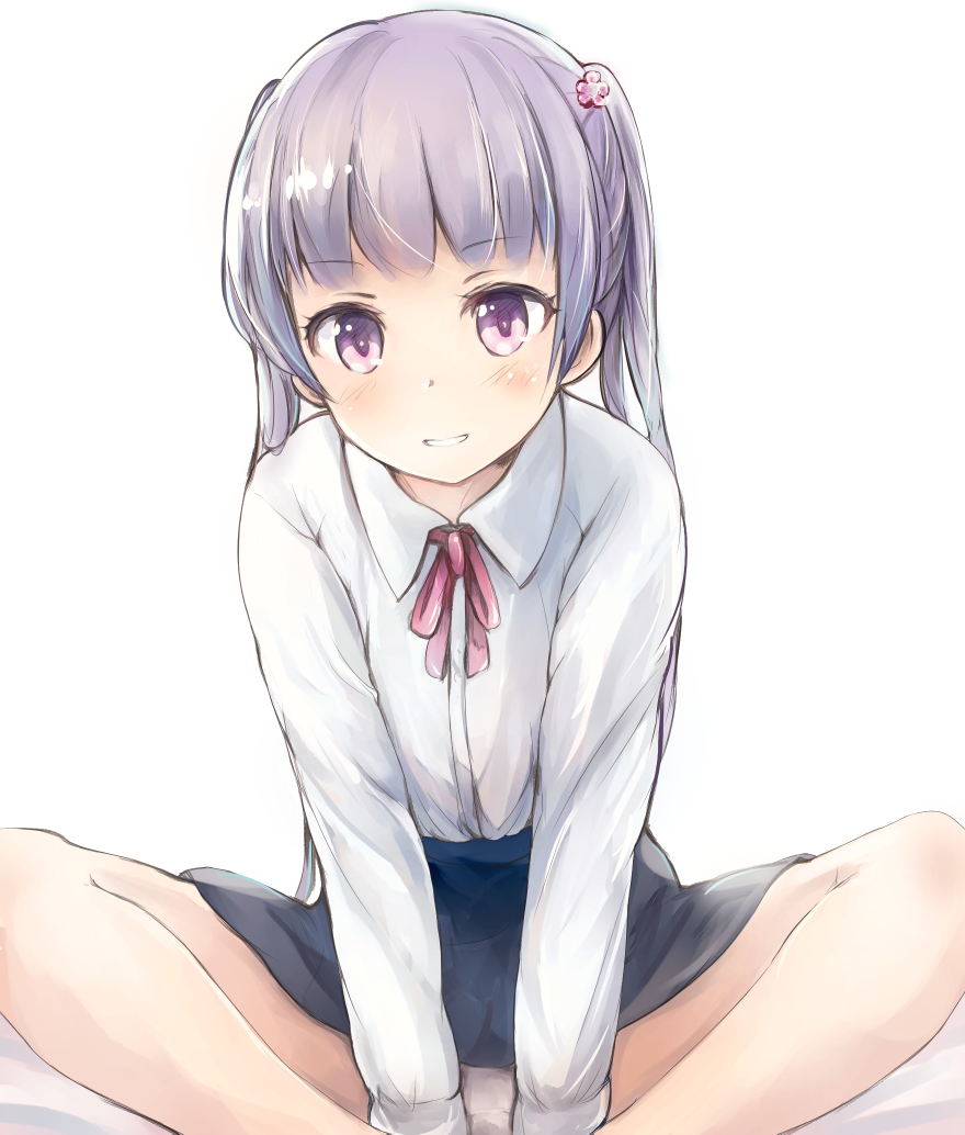 1girl, bare_legs, blue_skirt, butterfly_sitting, commentary_request, feet_out_of_frame, female_focus, flat_chest