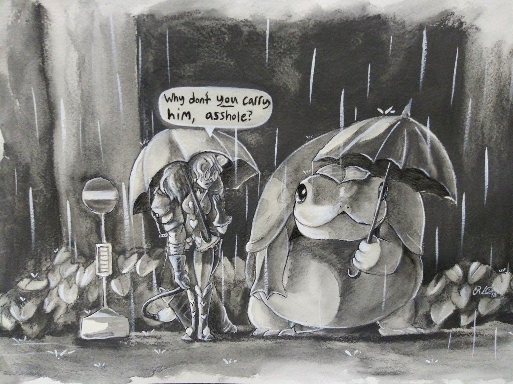 1boy, 1girl, crimzonlogic, english_text, greyscale, holding, holding_umbrella, monochrome