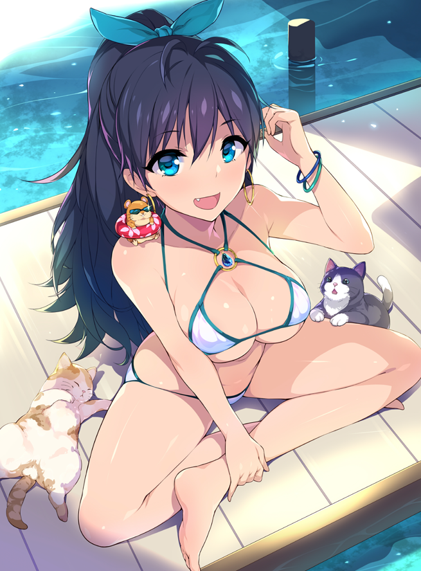 1girl, animal, animal_on_shoulder, arm_up, bangle, bare_legs, bare_shoulders, barefoot