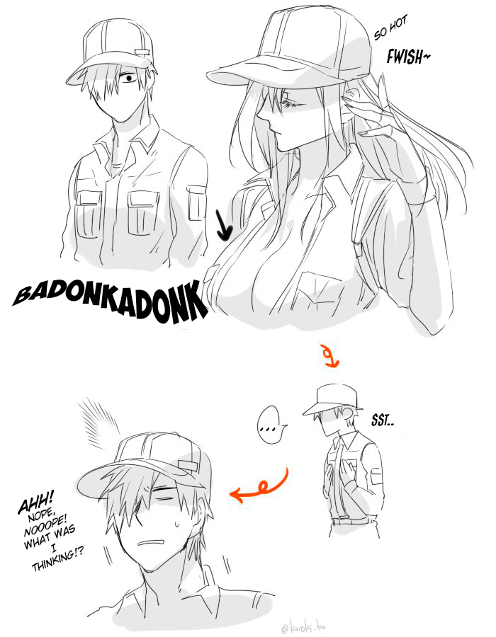 10s, 1boy, 1girl, baseball_cap, breast_envy, breasts, cleavage, hair_over_one_eye