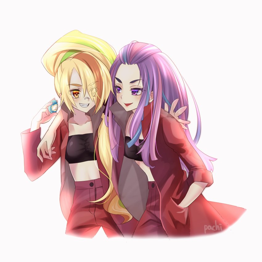 10s, absurdres, arm_around_shoulder, bad_id, bad_twitter_id, bandeau, blonde_hair, bousouzoku, coat, delinquent, grin, hair_over_one_eye, hand_in_pocket, highres, kirishima_reiko(zombie_land_saga), long_hair, long_jacket, mickeypachiayu, multicolored_hair, multiple_girls, nikaidou_saki, nose_tape, pants, ponytail, purple_eyes, smile, strapless, streaked_hair, tamagotchi, tamagotchi_(classic), tamagotchi_(virtual_pet), tokkoufuku, tube_top, virtual_pet_(toy), yellow_eyes, zombie_land_saga