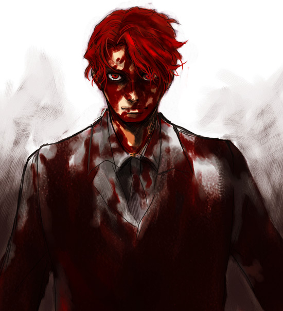 00s, 1boy, baccano!, bad_id, bad_pixiv_id, blood, blood_in_hair, blood_on_face, claire_stanfield, formal_clothes, looking_at_viewer, male_focus, riso, simple_background, solo, suit, white_background