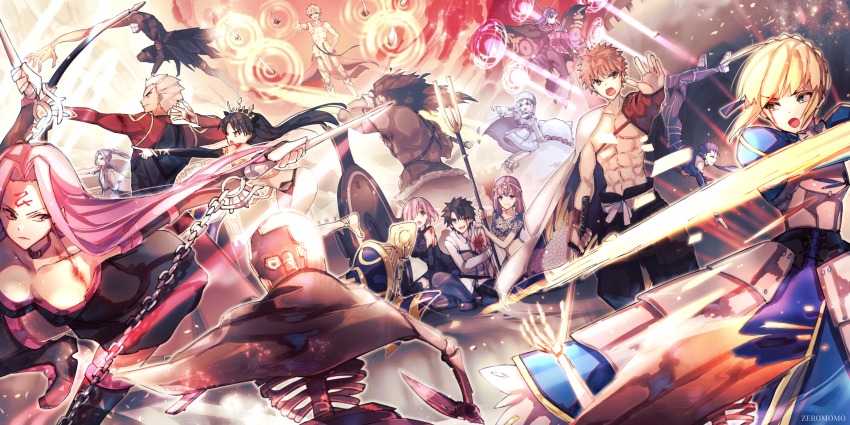 6+girls, ahoge, archer_(fate), archer_(third_ascension)_(fate), armor, armored_dress, artoria_pendragon_(fate), bare_shoulders