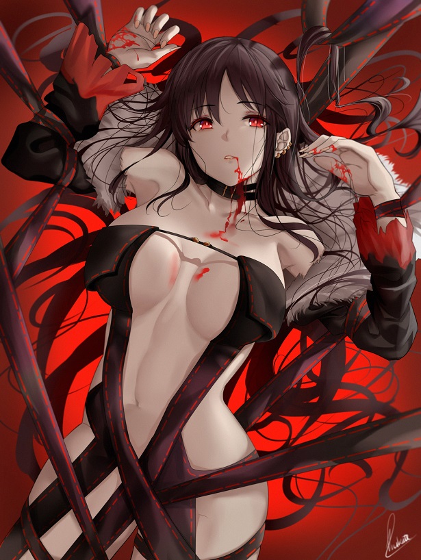 1girl, black_dress, black_jacket, blood, blood_from_mouth, breasts, brown_hair, choker