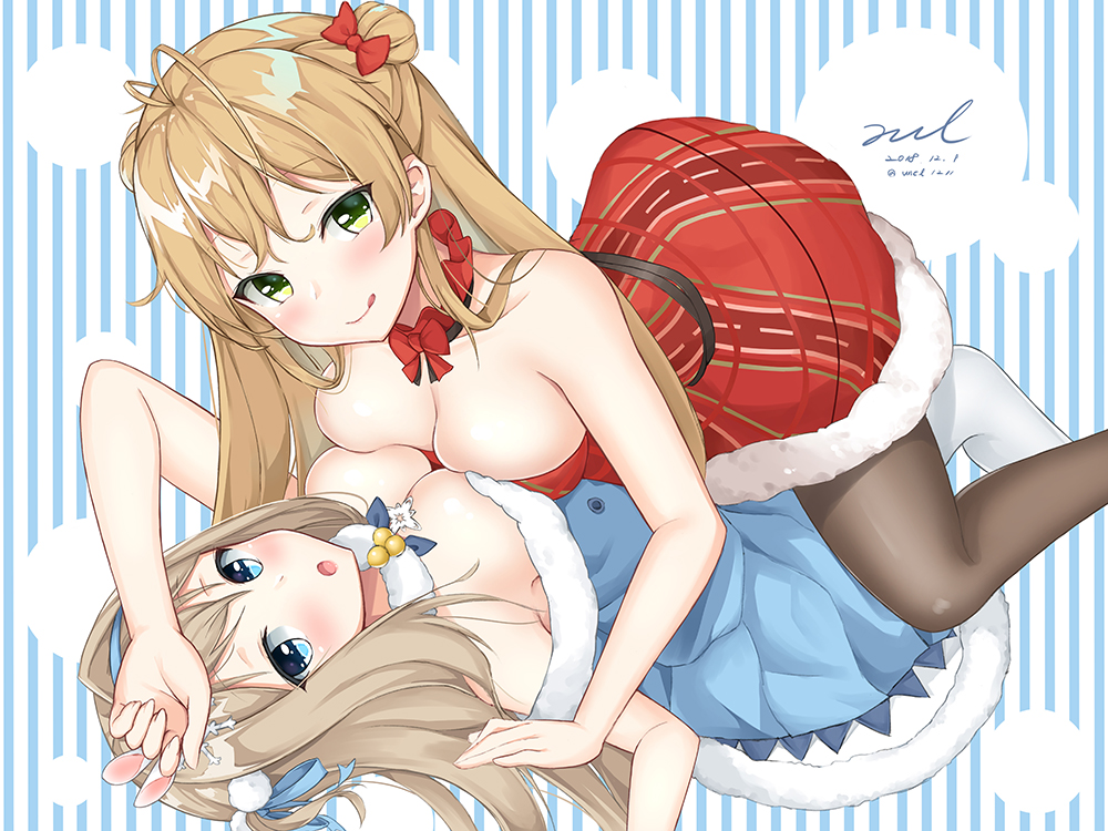 2girls, :o, :q, ahoge, alternate_costume, antenna_hair, arm_up, arms_up, bare_arms, bare_shoulders, belt, blue_background, blue_dress, blue_eyes, blue_hairband, blue_ribbon, blush, bow, bowtie, breast_press, breasts, brown_legwear, cleavage, closed_mouth, coat, collarbone, couple, cover, cover_page, dated, detached_collar, double_bun, dress, eyes_visible_through_hair, female_focus, fur-trimmed_coat, fur-trimmed_dress, fur_trim, girl_on_top, girls'_frontline, green_eyes, grey_hair, hair_between_eyes, hair_bow, hair_bun, hair_intakes, hair_ornament, hairband, large_breasts, light_brown_hair, long_hair, looking_at_viewer, lying, multiple_girls, neck_ribbon, off-shoulder_dress, off_shoulder, official_alternate_costume, on_back, one_side_up, open_mouth, pantyhose, plaid_clothes, plaid_dress, red_detached_collar, red_dress, red_ribbon, rfb_(girls'_frontline), rfb_(how_rfb_stole_xmas)_(girls'_frontline), ribbon, santa_costume, sidelocks, signature, smile, snowflake_hair_ornament, strapless, strapless_dress, striped_background, suomi_(girls'_frontline), suomi_(korvatunturi_pixie)_(girls'_frontline), symmetrical_docking, tongue, tongue_out, twitter_username, unel, white_background, white_legwear, yuri