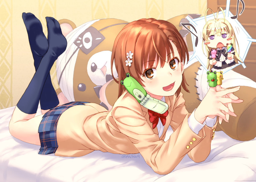 2girls, bed, beige_blazer, black_socks, blazer, blue_skirt, cellphone, child