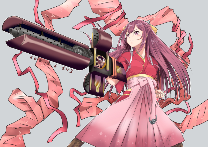 1girl, borrowed_weapon, bow, commentary_request, feet_out_of_frame, female_focus, firearm_request, gun