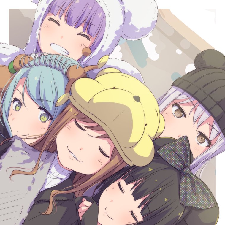 5girls, ^_^, aiba_aina, animal_hat, animal_hood, aqua_hair, ayasaka, bang_dream!