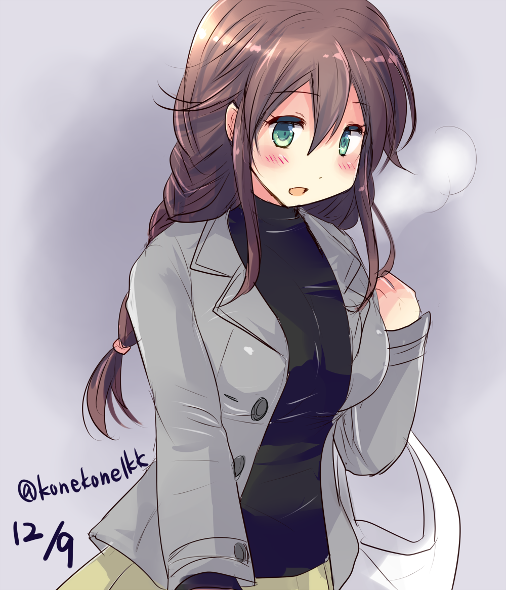 1girl, alternate_costume, bag, black_sweater, braid, breath, brown_hair, commentary_request