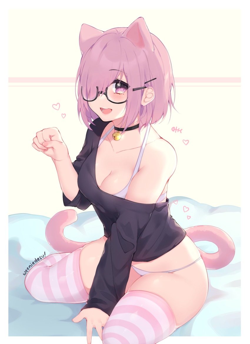 1girl, alternate_costume, animal_ears, bell, black_shirt, blouse, blush, bra